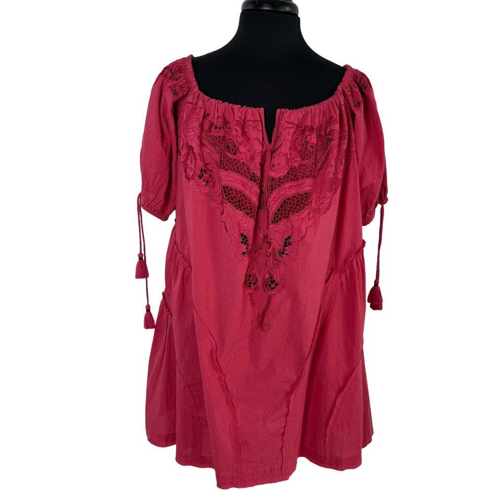 Free People Sunbeat Off-the-Shoulder Embroidered Tunic Mini Dress Pink M NWT - Picture 2 of 16